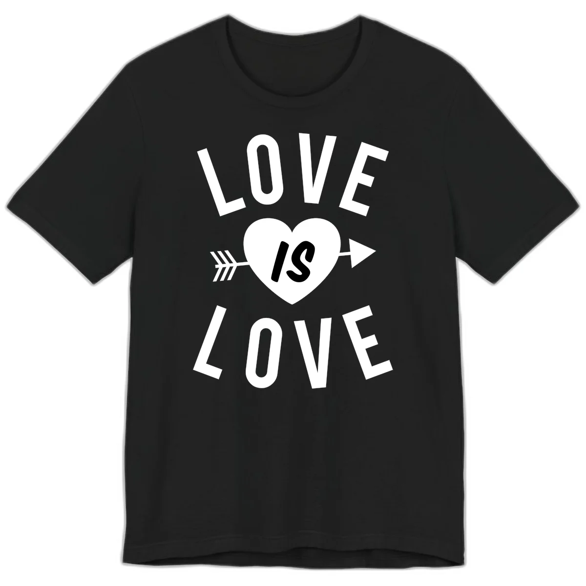 Love is love arrow heart design with white text and heart pierced by arrow on gray background in Black