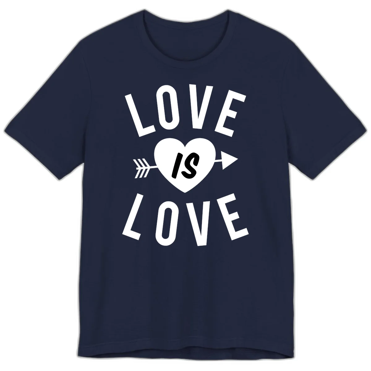 Love is love arrow heart design with white text and heart pierced by arrow on gray background in Navy
