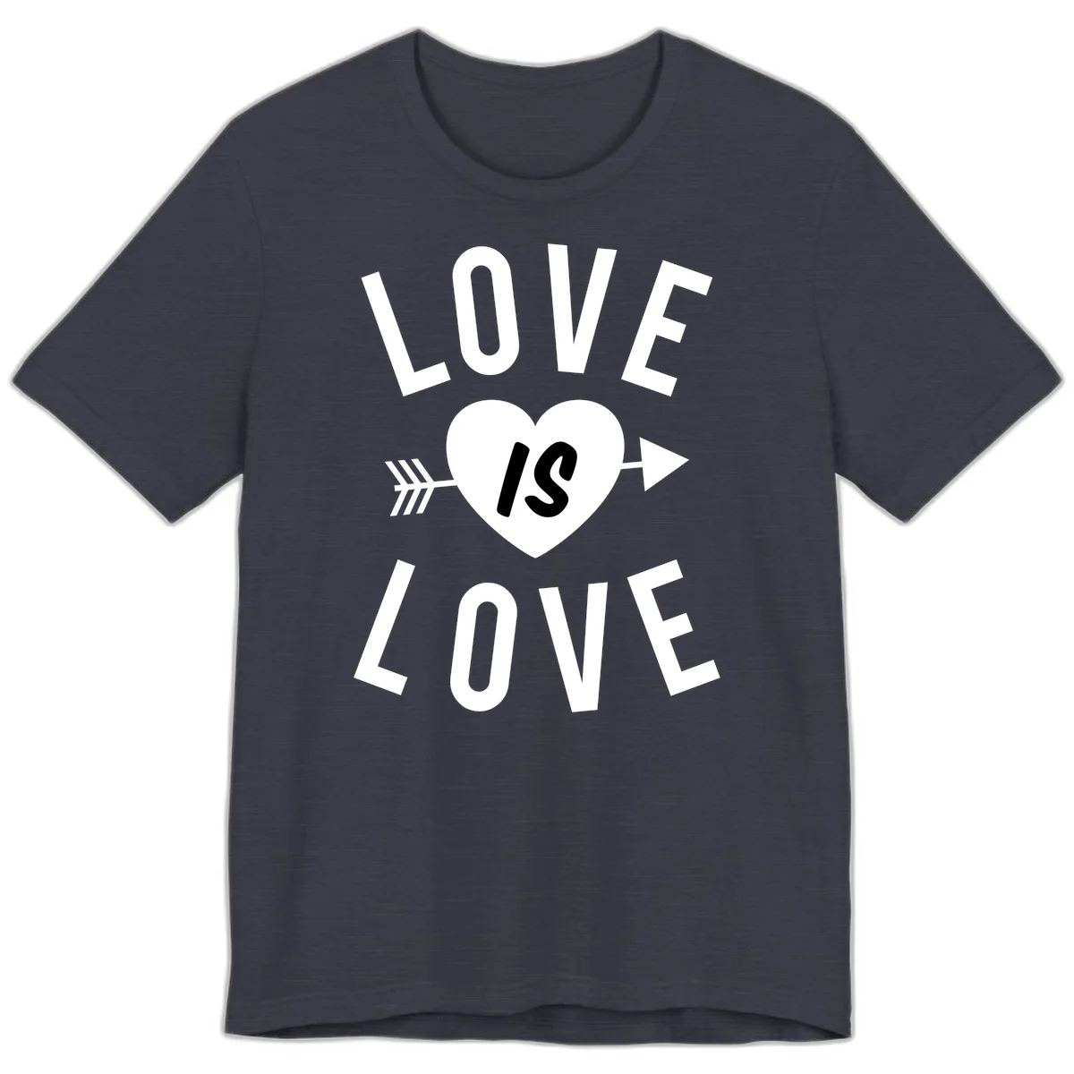 Love is love arrow heart design with white text and heart pierced by arrow on gray background in Heather Midnight Navy