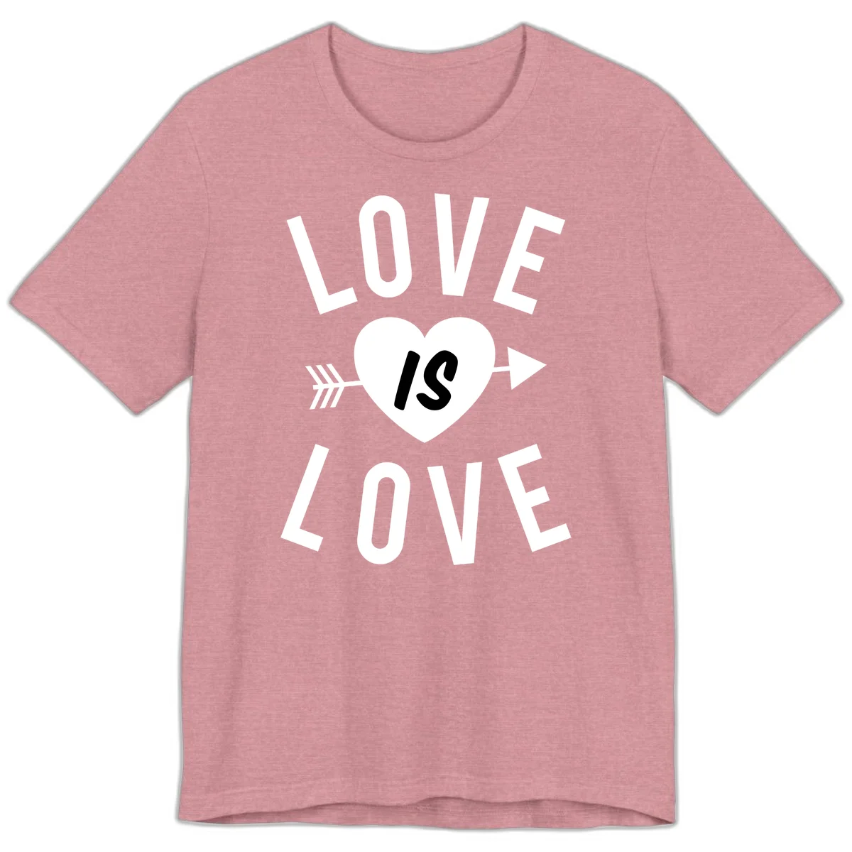 Love is love arrow heart design with white text and heart pierced by arrow on gray background in Heather Orchid