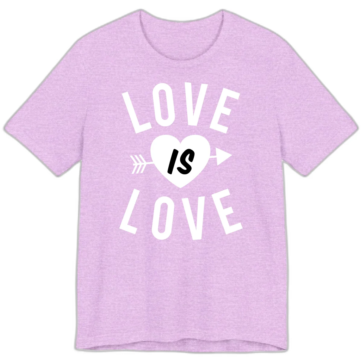 Love is love arrow heart design with white text and heart pierced by arrow on gray background in Heather Prism Lilac