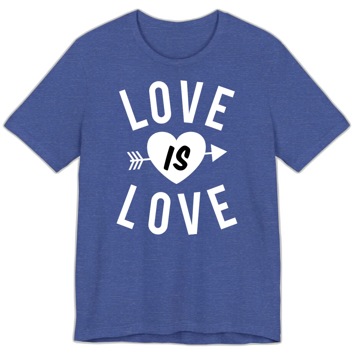 Love is love arrow heart design with white text and heart pierced by arrow on gray background in Heather True Royal