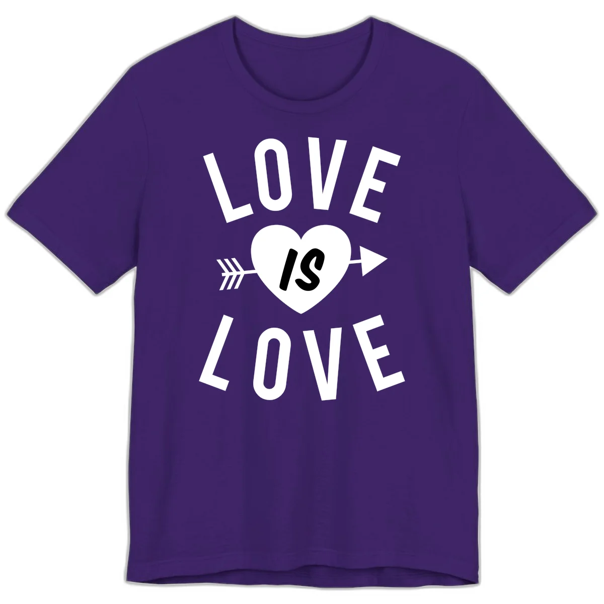 Love is love arrow heart design with white text and heart pierced by arrow on gray background in Team Purple