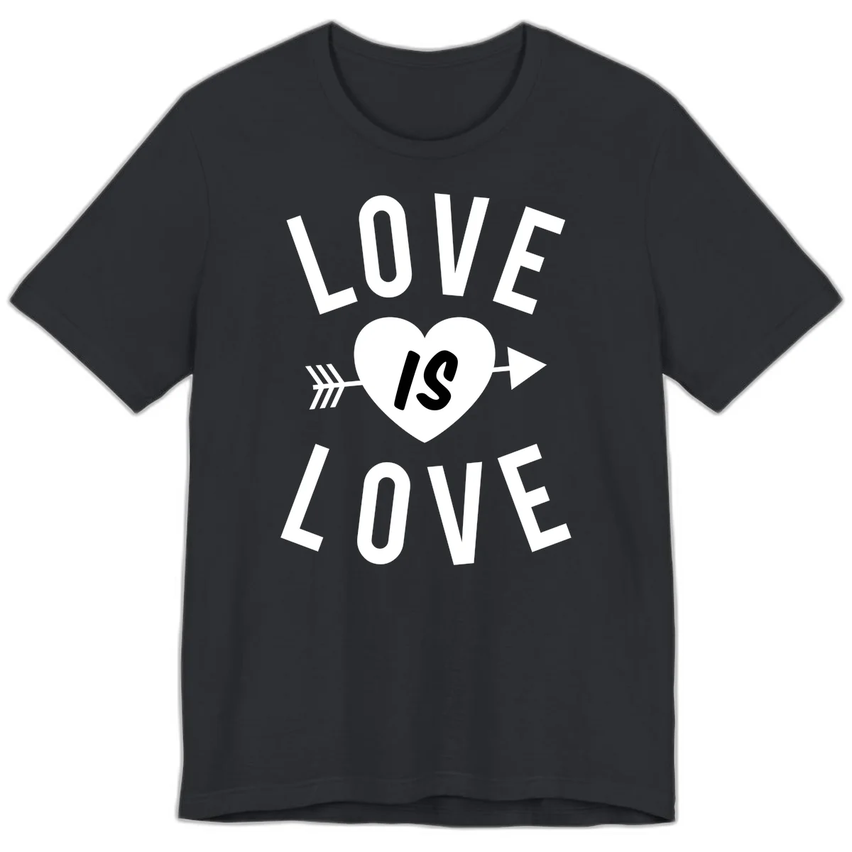 Love is love arrow heart design with white text and heart pierced by arrow on gray background in Vintage Black