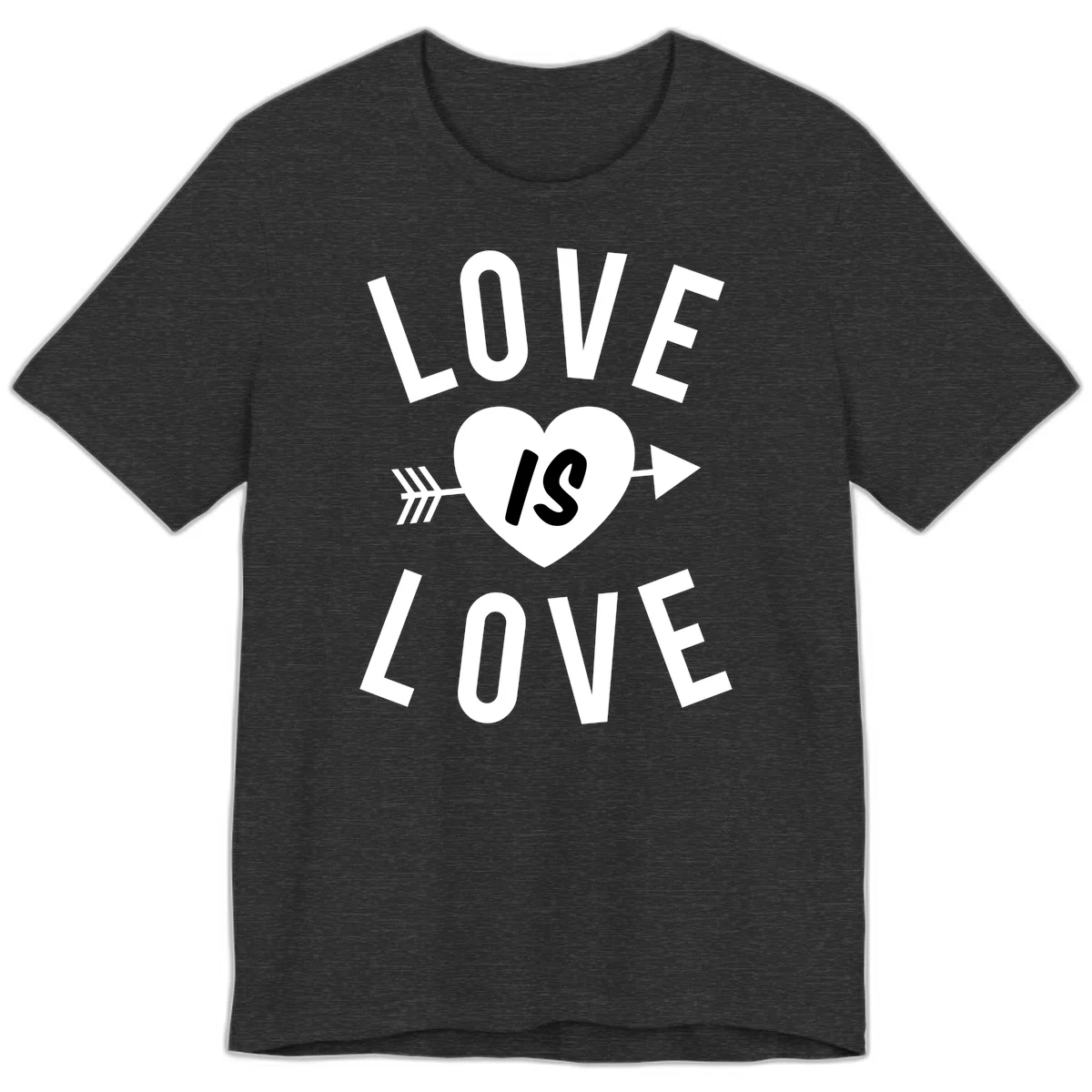 Love is love arrow heart design with white text and heart pierced by arrow on gray background in Dark Grey Heather