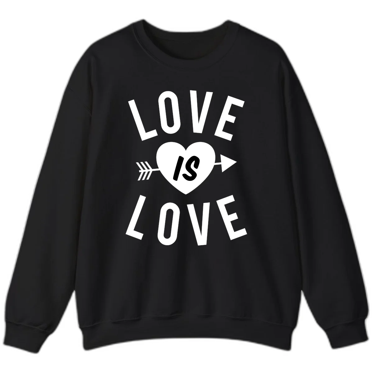 Love is love arrow heart design with white text and heart pierced by arrow on gray background in Black