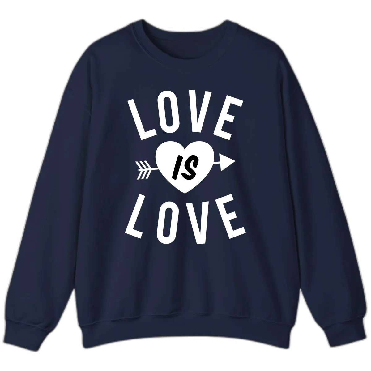 Love is love arrow heart design with white text and heart pierced by arrow on gray background in Navy