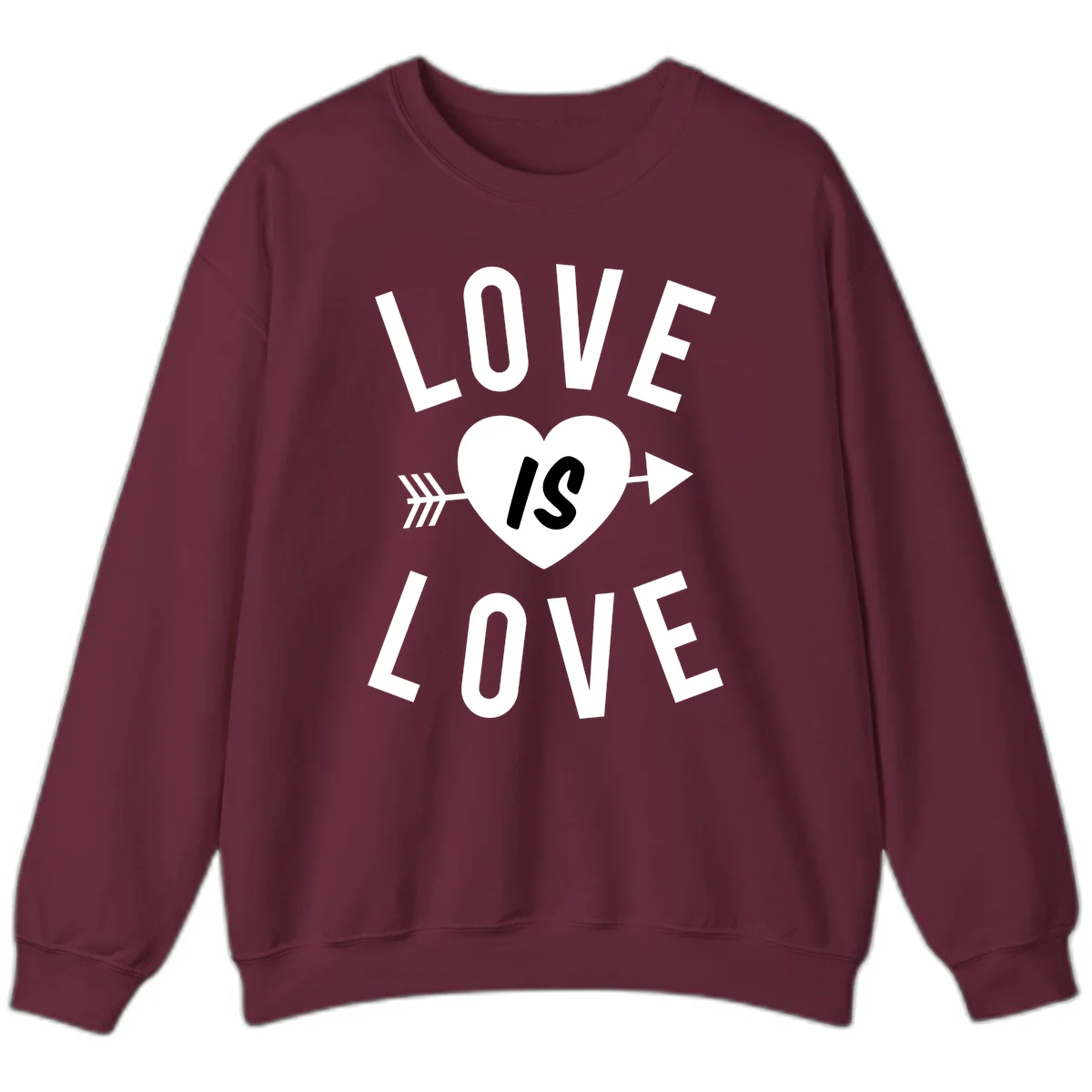 Love is love arrow heart design with white text and heart pierced by arrow on gray background in Maroon