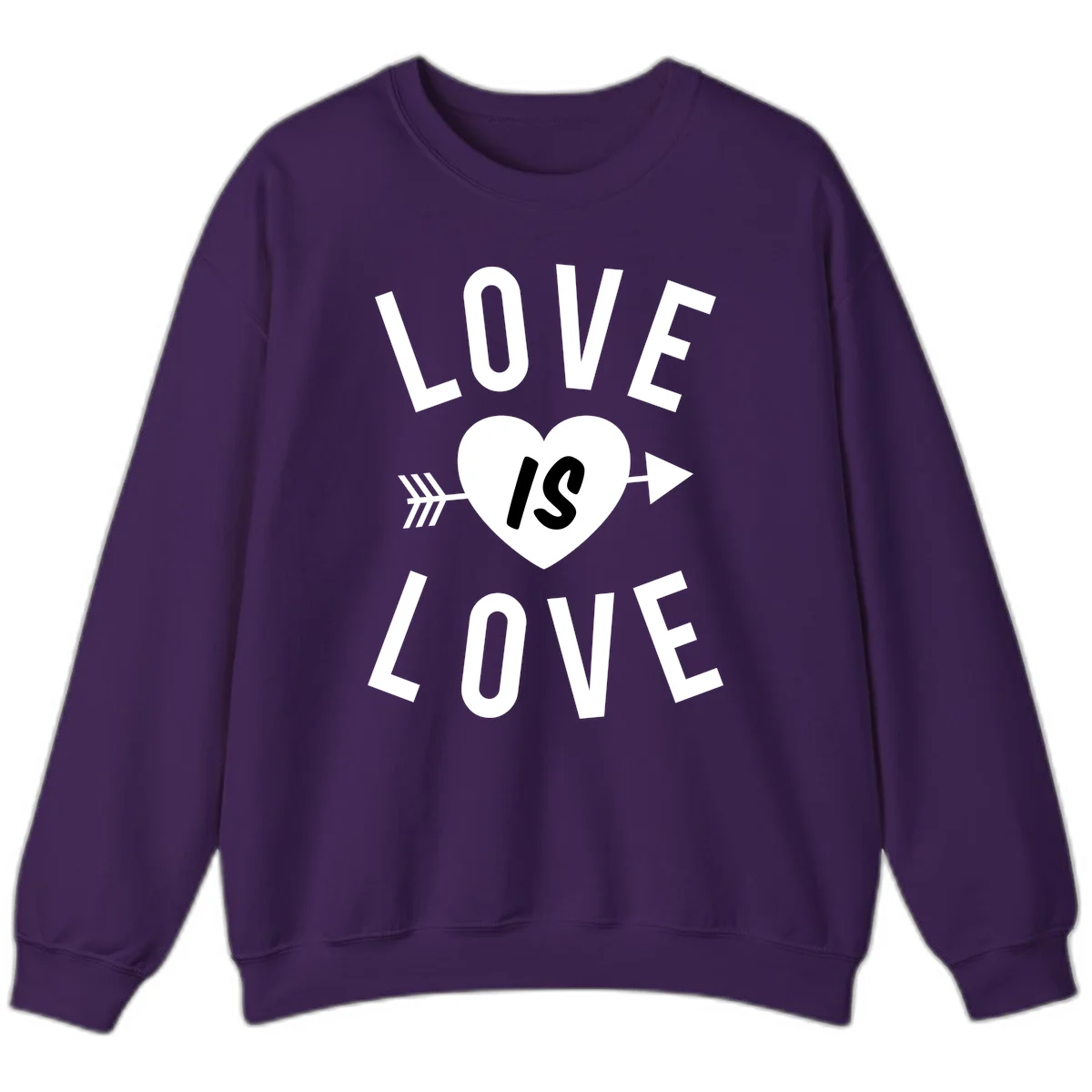 Love is love arrow heart design with white text and heart pierced by arrow on gray background in Purple