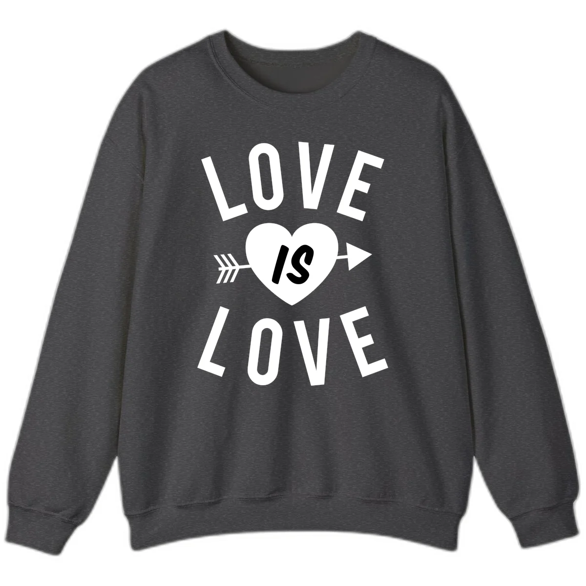 Love is love arrow heart design with white text and heart pierced by arrow on gray background in Dark Heather