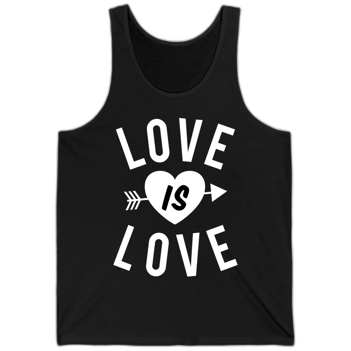 Love is love arrow heart design with white text and heart pierced by arrow on gray background in Black