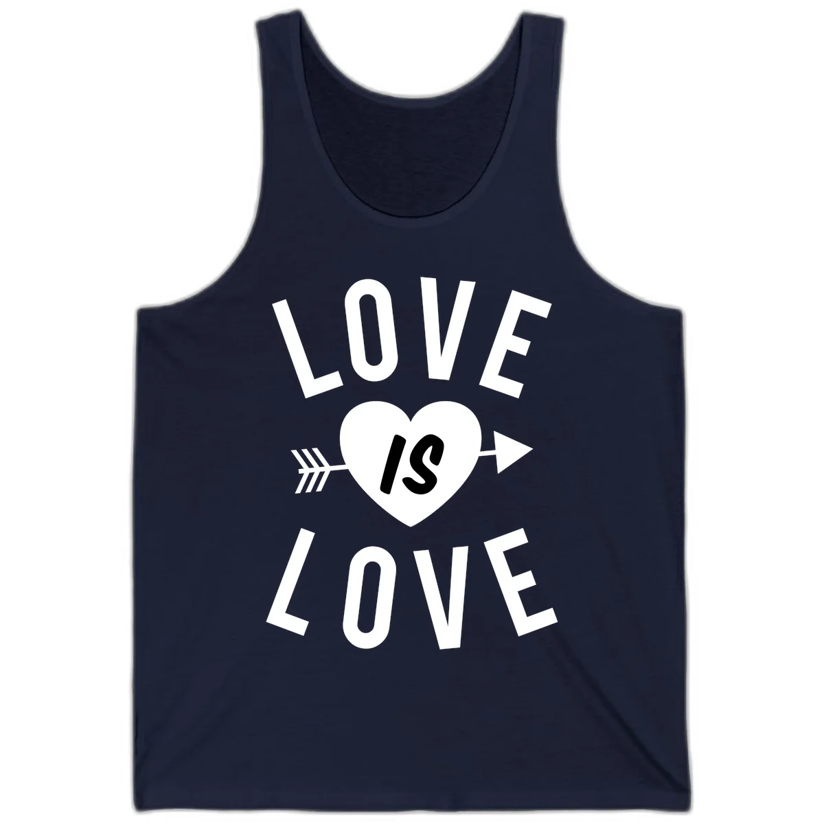 Love is love arrow heart design with white text and heart pierced by arrow on gray background in Navy