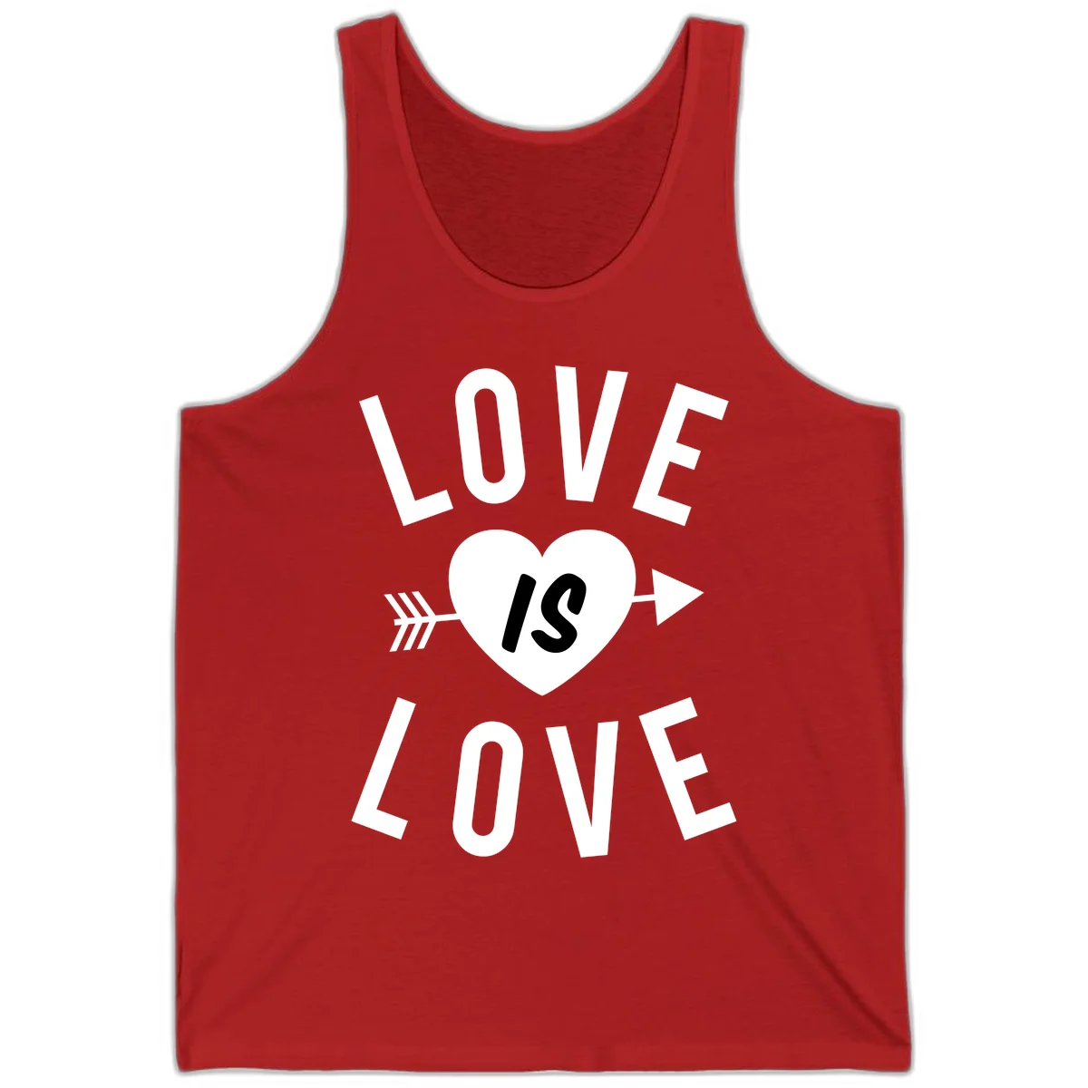 Love is love arrow heart design with white text and heart pierced by arrow on gray background in Red
