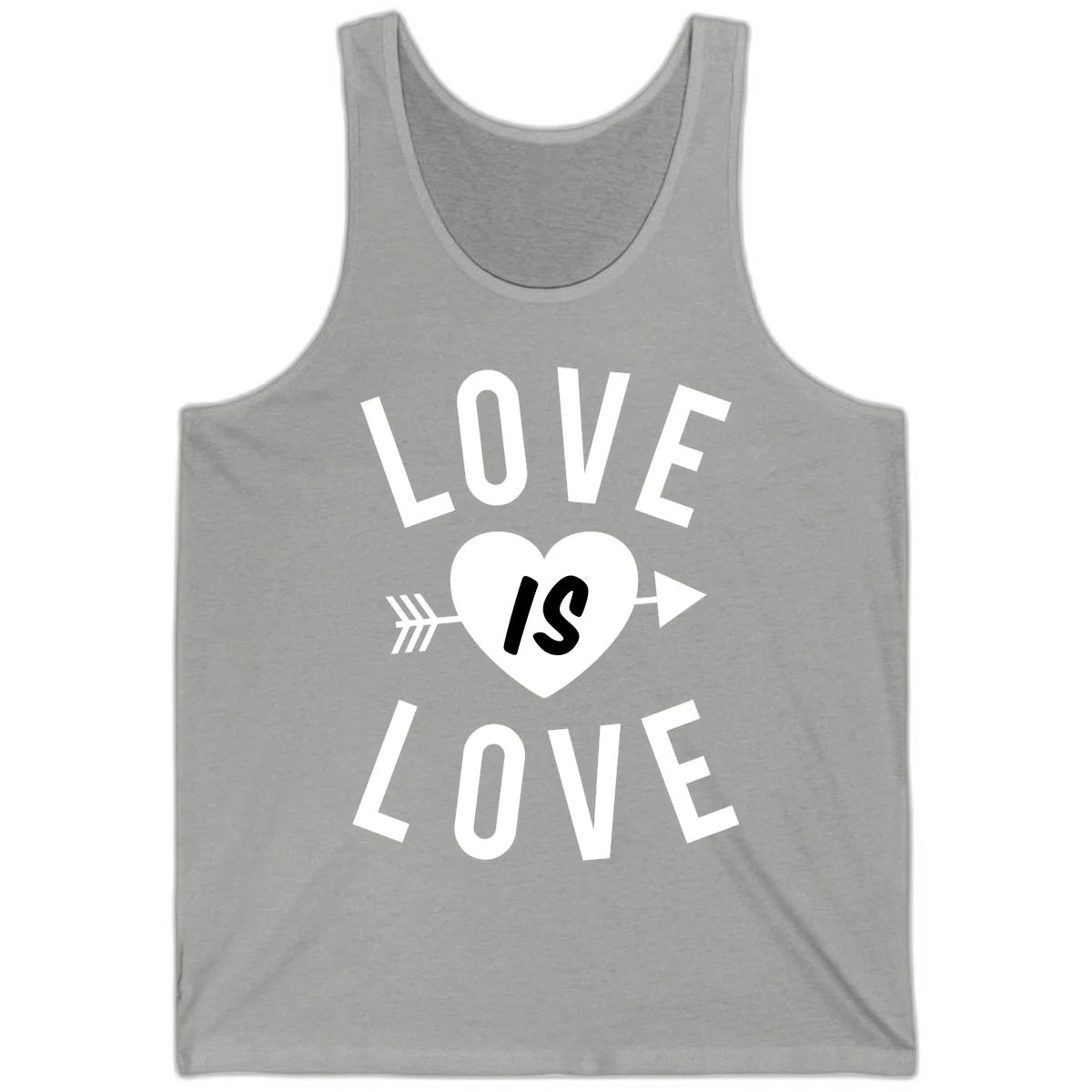 Love is love arrow heart design with white text and heart pierced by arrow on gray background in Athletic Heather