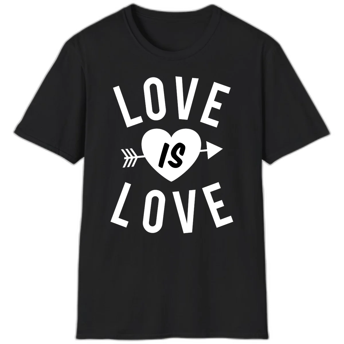 Love is love arrow heart design with white text and heart pierced by arrow on gray background in Black