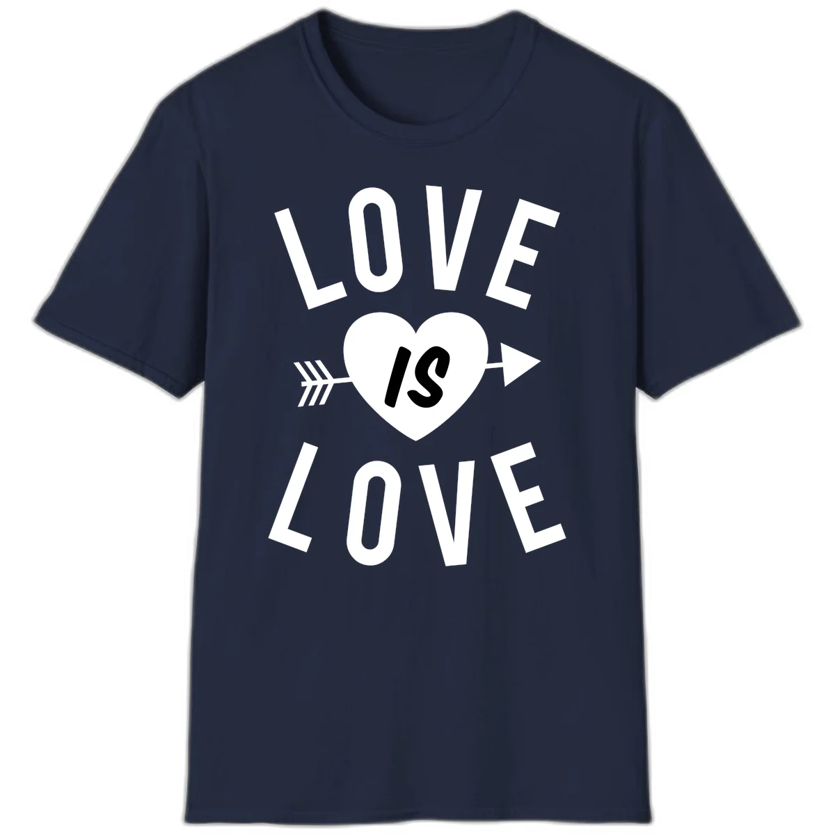 Love is love arrow heart design with white text and heart pierced by arrow on gray background in Navy