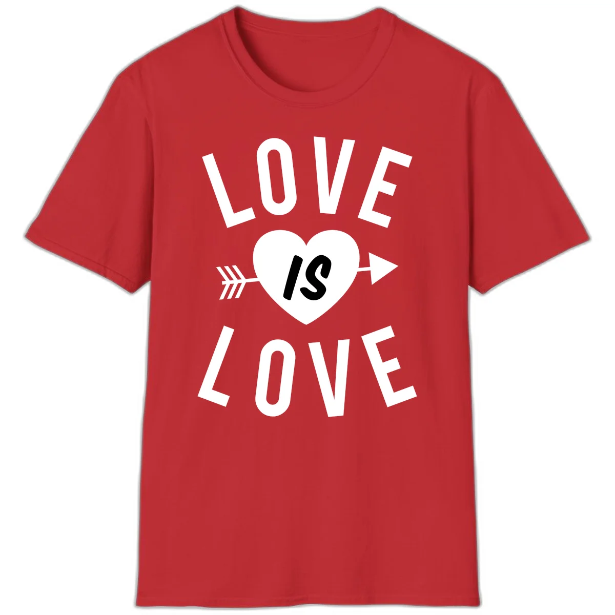 Love is love arrow heart design with white text and heart pierced by arrow on gray background in Red