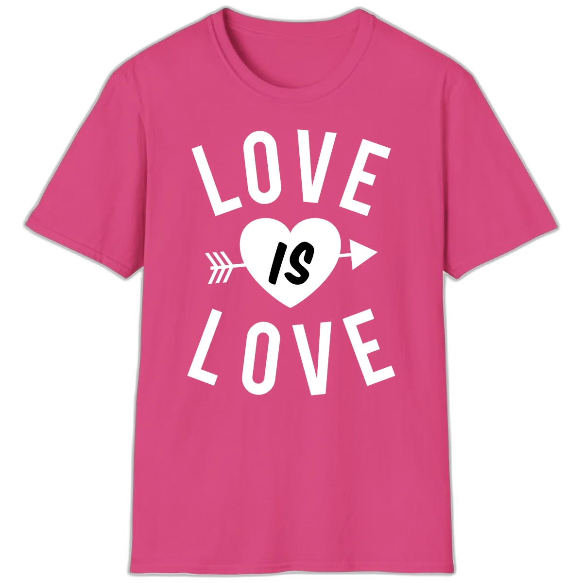 Love is love arrow heart design with white text and heart pierced by arrow on gray background in Heliconia