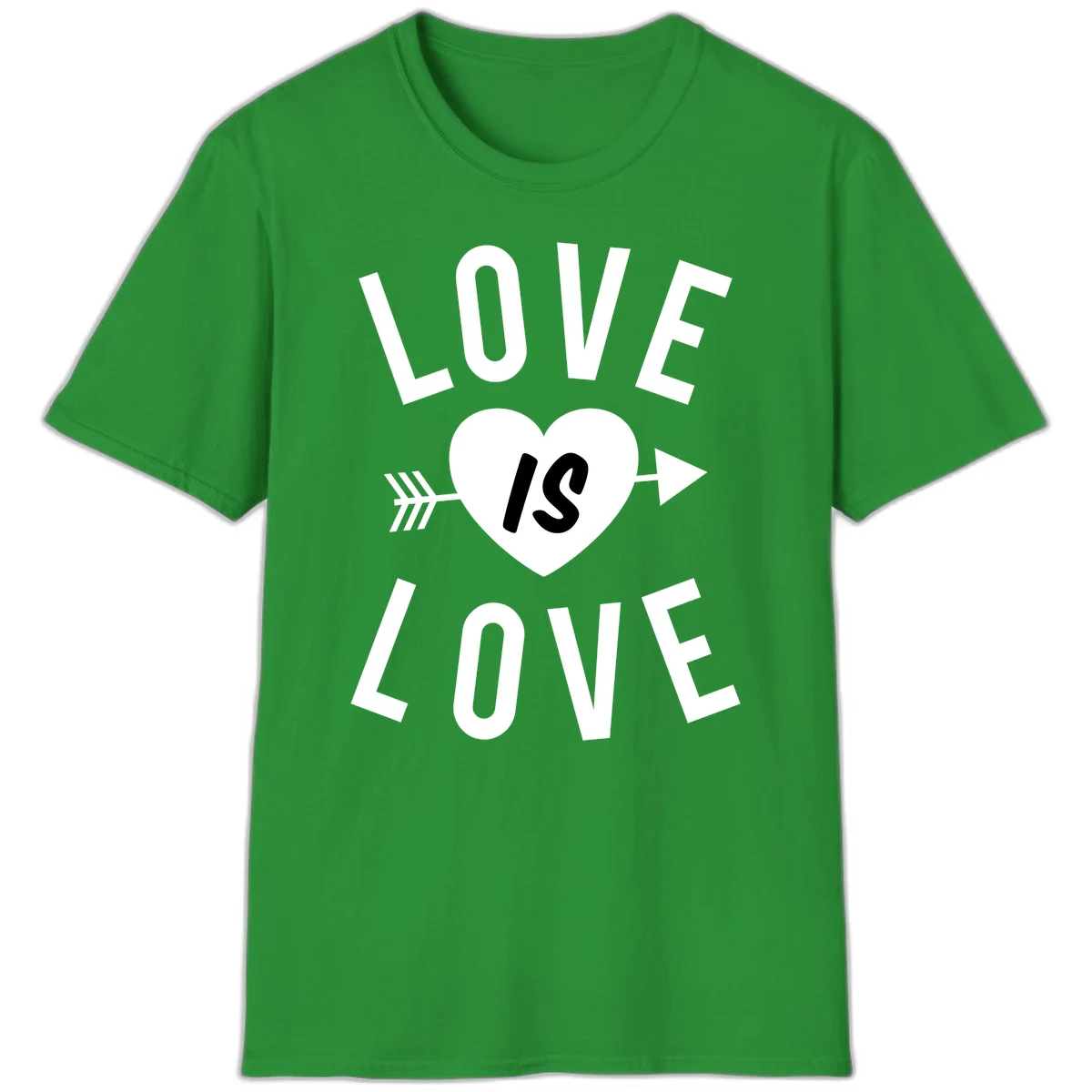 Love is love arrow heart design with white text and heart pierced by arrow on gray background in Irish Green