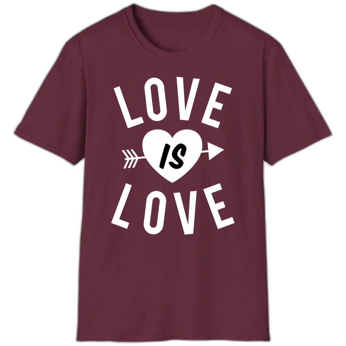 Love is love arrow heart design with white text and heart pierced by arrow on gray background in Maroon