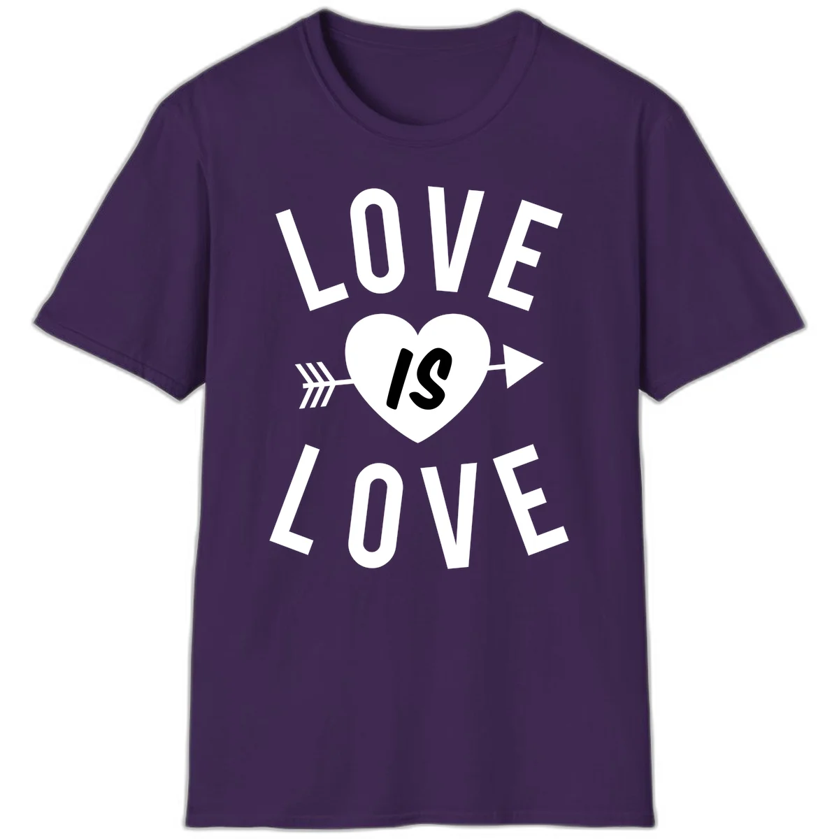 Love is love arrow heart design with white text and heart pierced by arrow on gray background in Purple