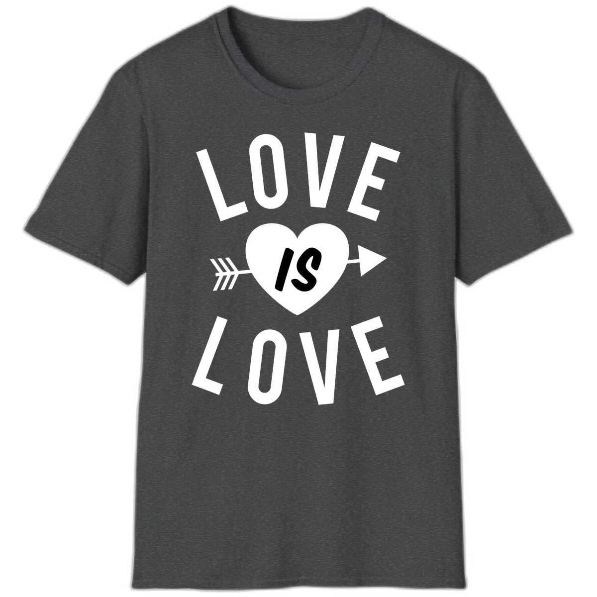 Love is love arrow heart design with white text and heart pierced by arrow on gray background in Dark Heather