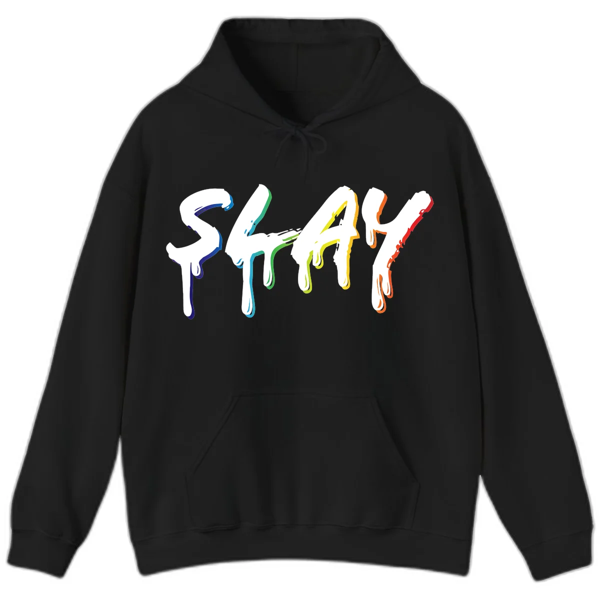 The word STAY in white letters with rainbow pride-colored paint drips flowing downward, featuring blue, teal, green, yellow, orange, and red colors on gray background in Black