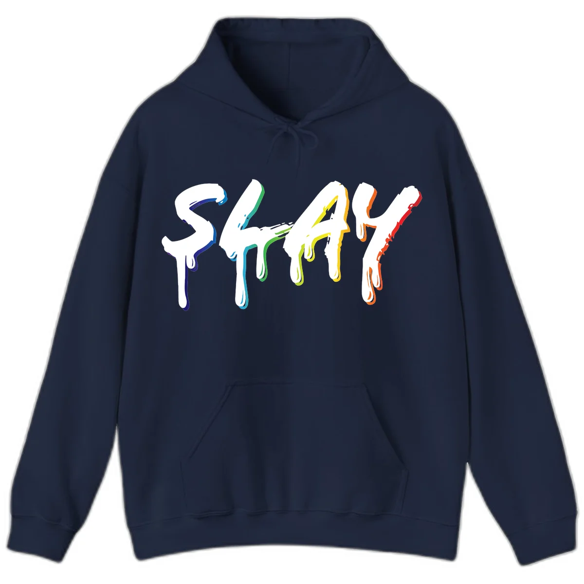 The word STAY in white letters with rainbow pride-colored paint drips flowing downward, featuring blue, teal, green, yellow, orange, and red colors on gray background in Navy