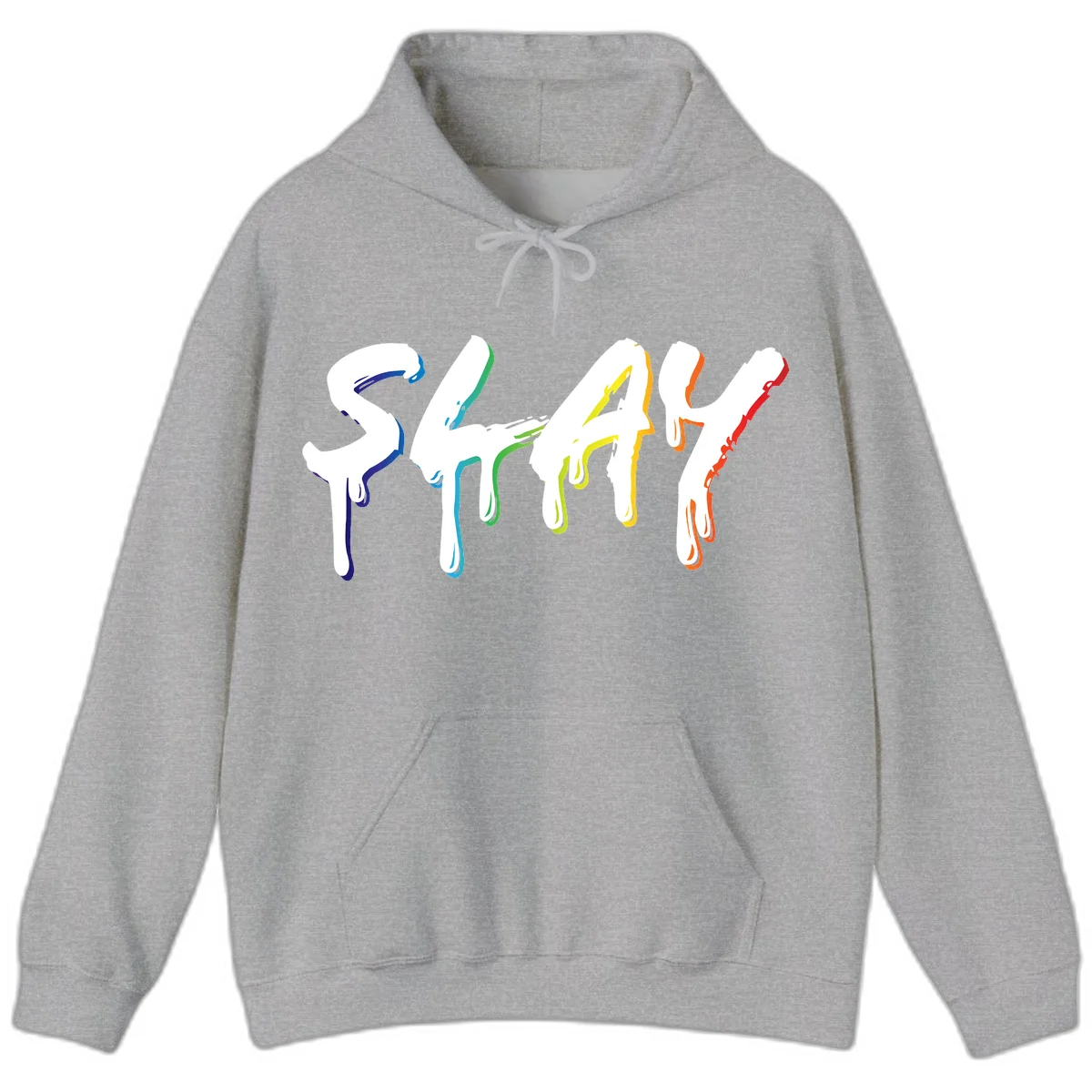 The word STAY in white letters with rainbow pride-colored paint drips flowing downward, featuring blue, teal, green, yellow, orange, and red colors on gray background in Sport Grey