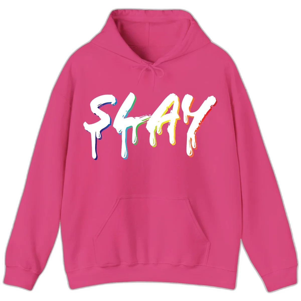 The word STAY in white letters with rainbow pride-colored paint drips flowing downward, featuring blue, teal, green, yellow, orange, and red colors on gray background in Heliconia