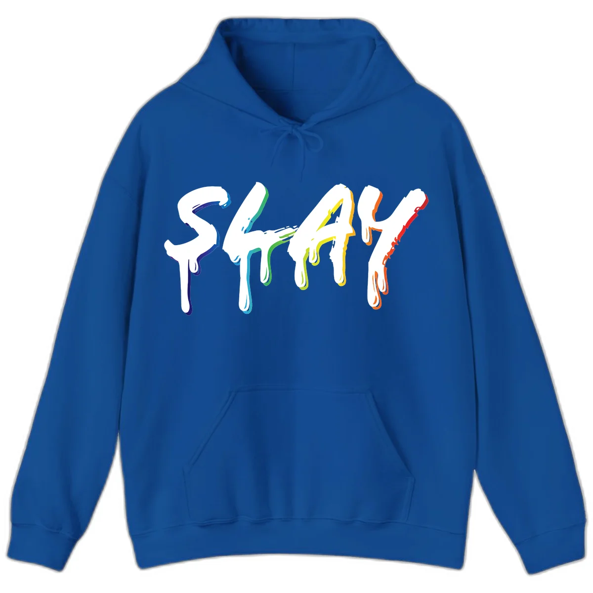 The word STAY in white letters with rainbow pride-colored paint drips flowing downward, featuring blue, teal, green, yellow, orange, and red colors on gray background in Royal