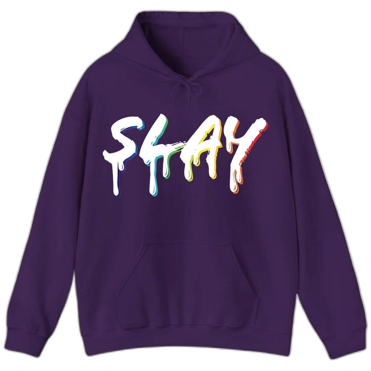 The word STAY in white letters with rainbow pride-colored paint drips flowing downward, featuring blue, teal, green, yellow, orange, and red colors on gray background in Purple