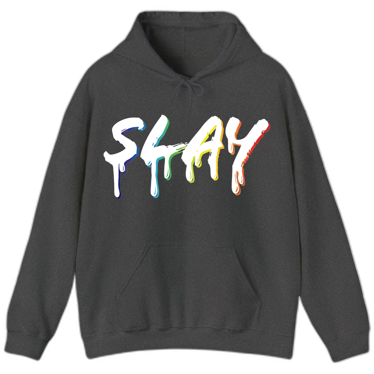 The word STAY in white letters with rainbow pride-colored paint drips flowing downward, featuring blue, teal, green, yellow, orange, and red colors on gray background in Dark Heather