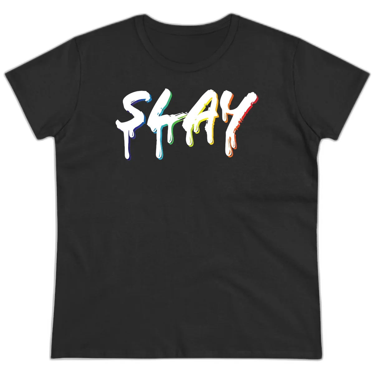 The word STAY in white letters with rainbow pride-colored paint drips flowing downward, featuring blue, teal, green, yellow, orange, and red colors on gray background in Black