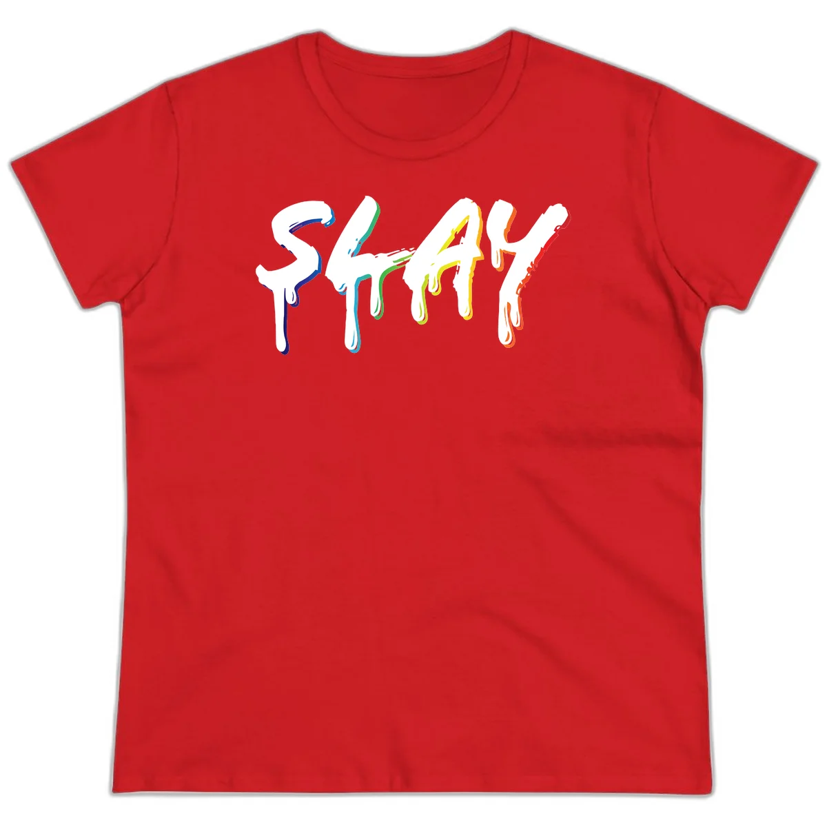 The word STAY in white letters with rainbow pride-colored paint drips flowing downward, featuring blue, teal, green, yellow, orange, and red colors on gray background in Red