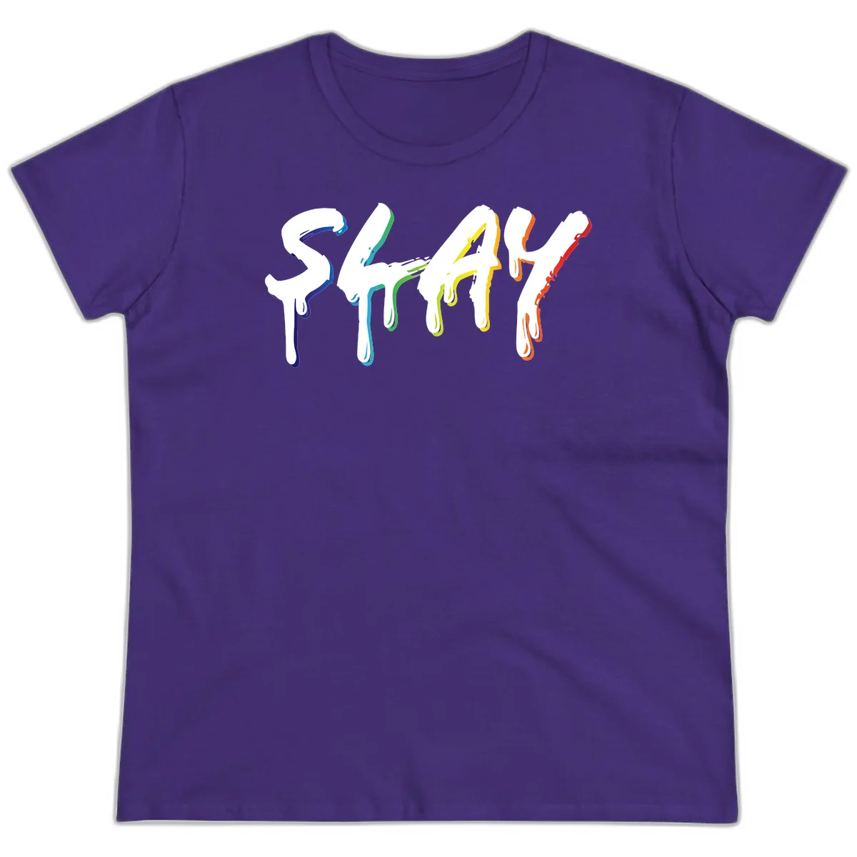 The word STAY in white letters with rainbow pride-colored paint drips flowing downward, featuring blue, teal, green, yellow, orange, and red colors on gray background in Purple