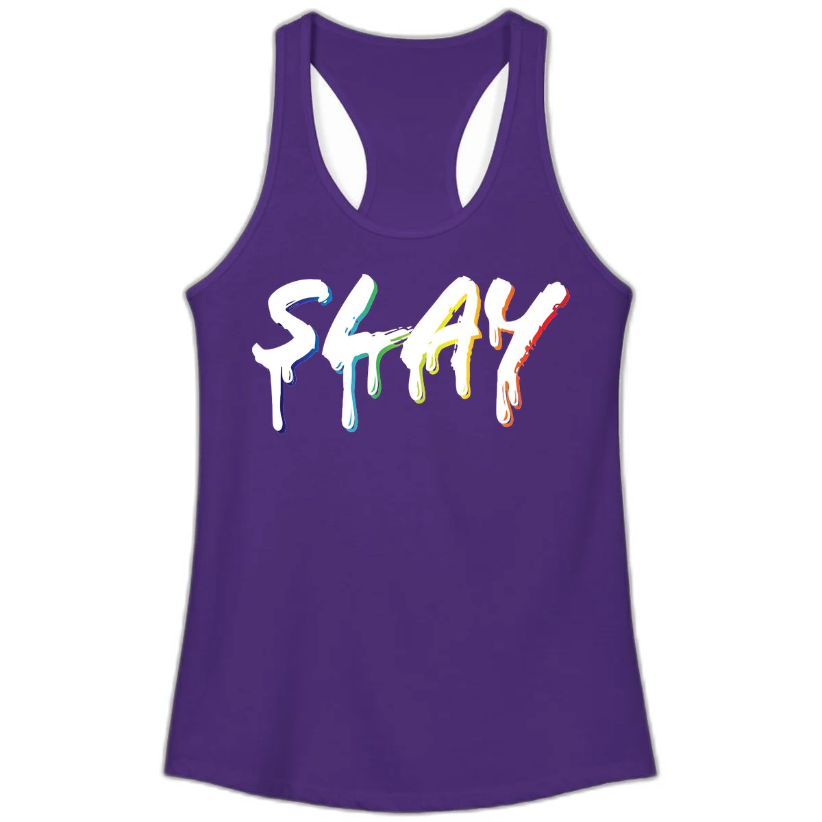 The word STAY in white letters with rainbow pride-colored paint drips flowing downward, featuring blue, teal, green, yellow, orange, and red colors on gray background in Solid Purple Rush