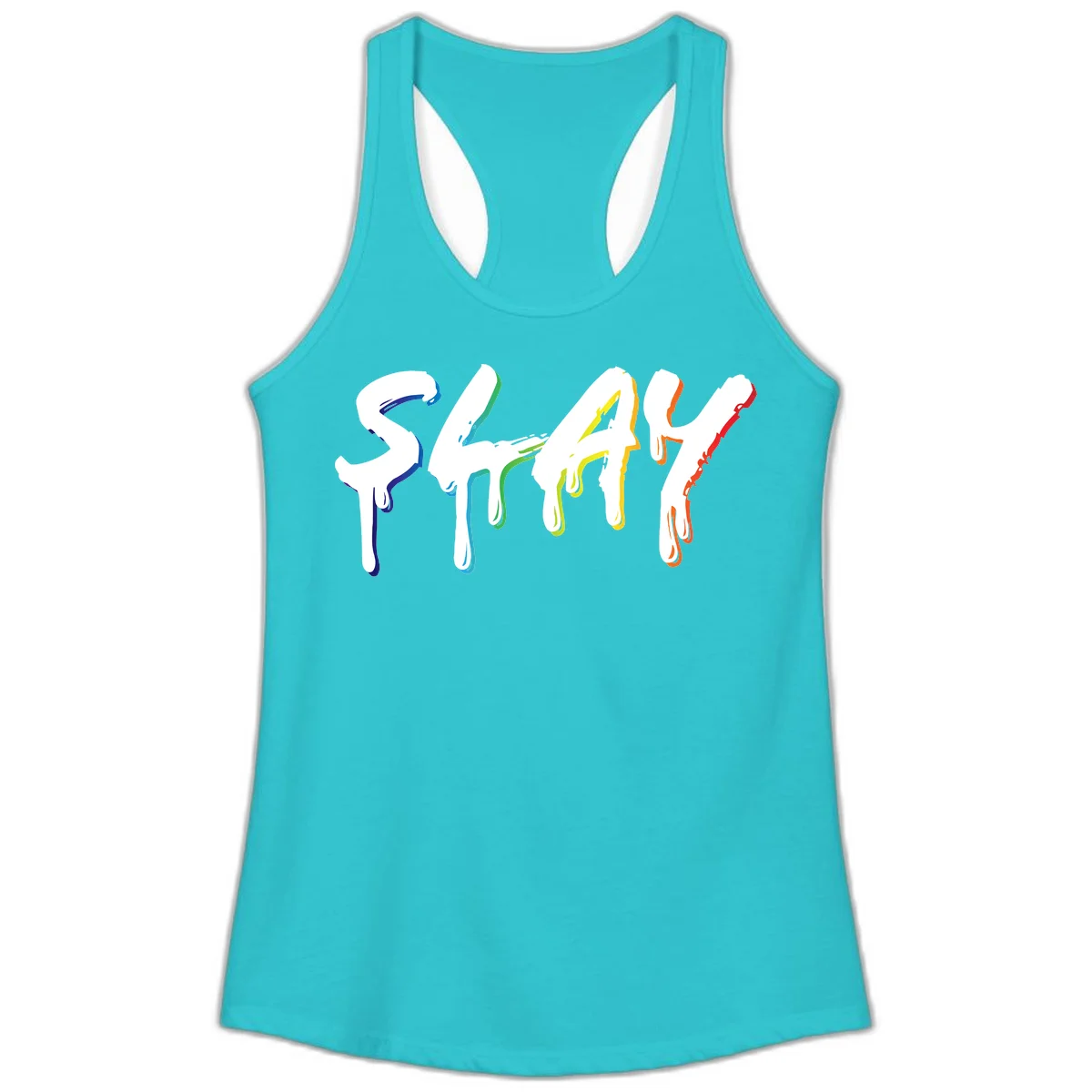 The word STAY in white letters with rainbow pride-colored paint drips flowing downward, featuring blue, teal, green, yellow, orange, and red colors on gray background in Solid Tahiti Blue