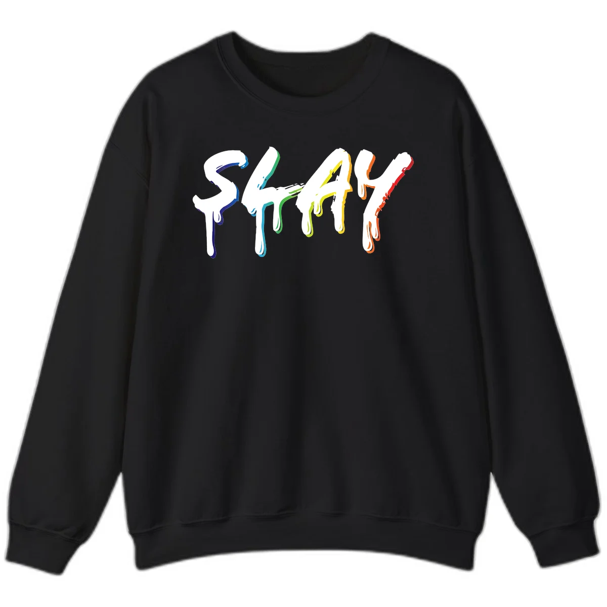 The word STAY in white letters with rainbow pride-colored paint drips flowing downward, featuring blue, teal, green, yellow, orange, and red colors on gray background in Black