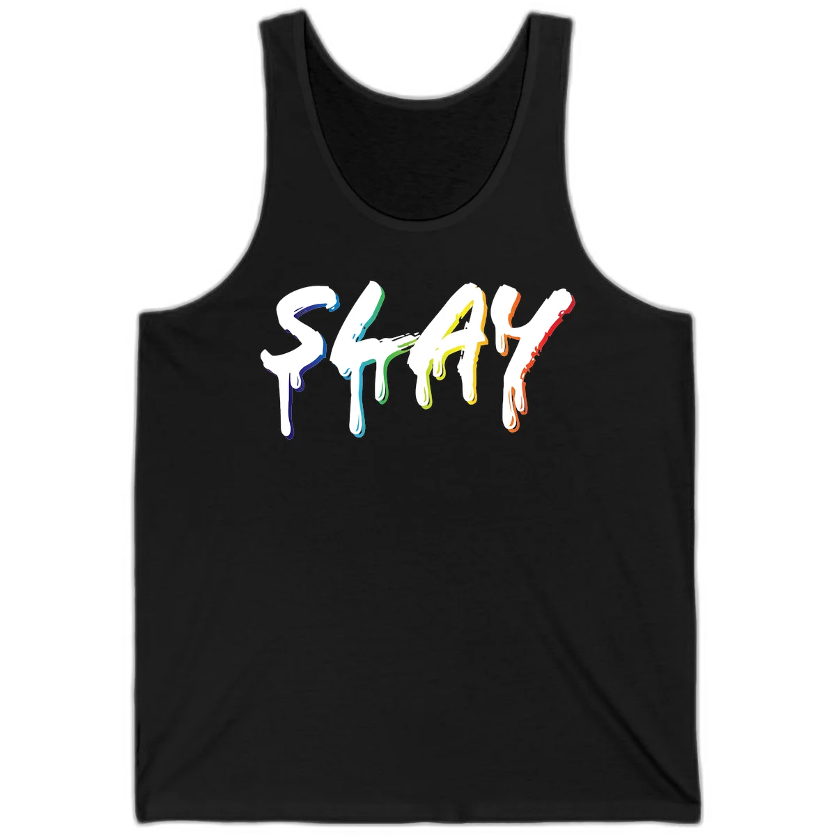 The word STAY in white letters with rainbow pride-colored paint drips flowing downward, featuring blue, teal, green, yellow, orange, and red colors on gray background in Black