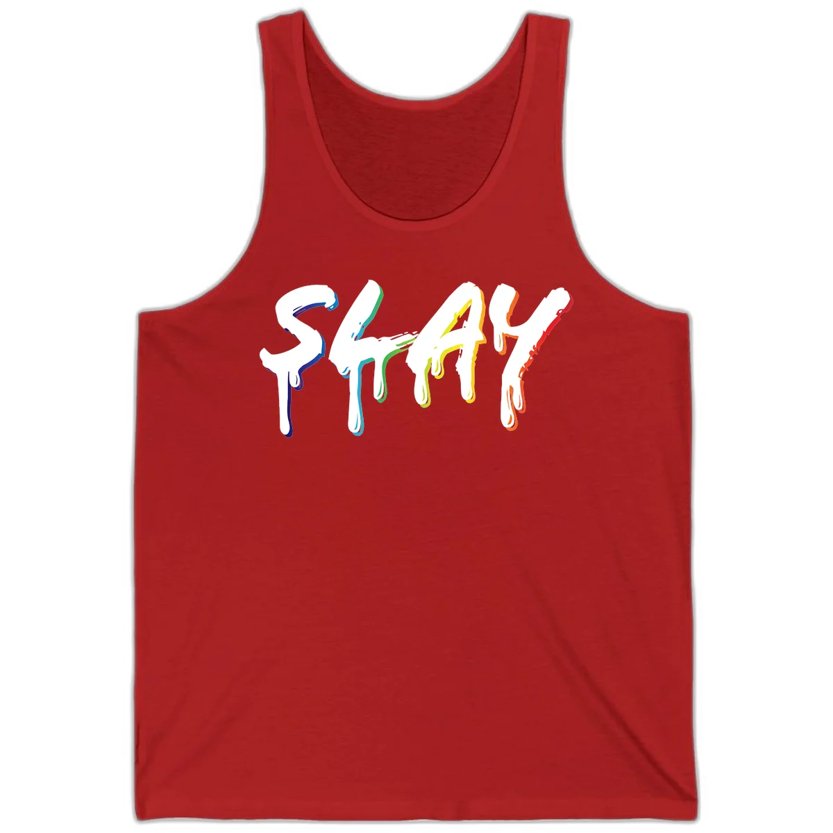 The word STAY in white letters with rainbow pride-colored paint drips flowing downward, featuring blue, teal, green, yellow, orange, and red colors on gray background in Red