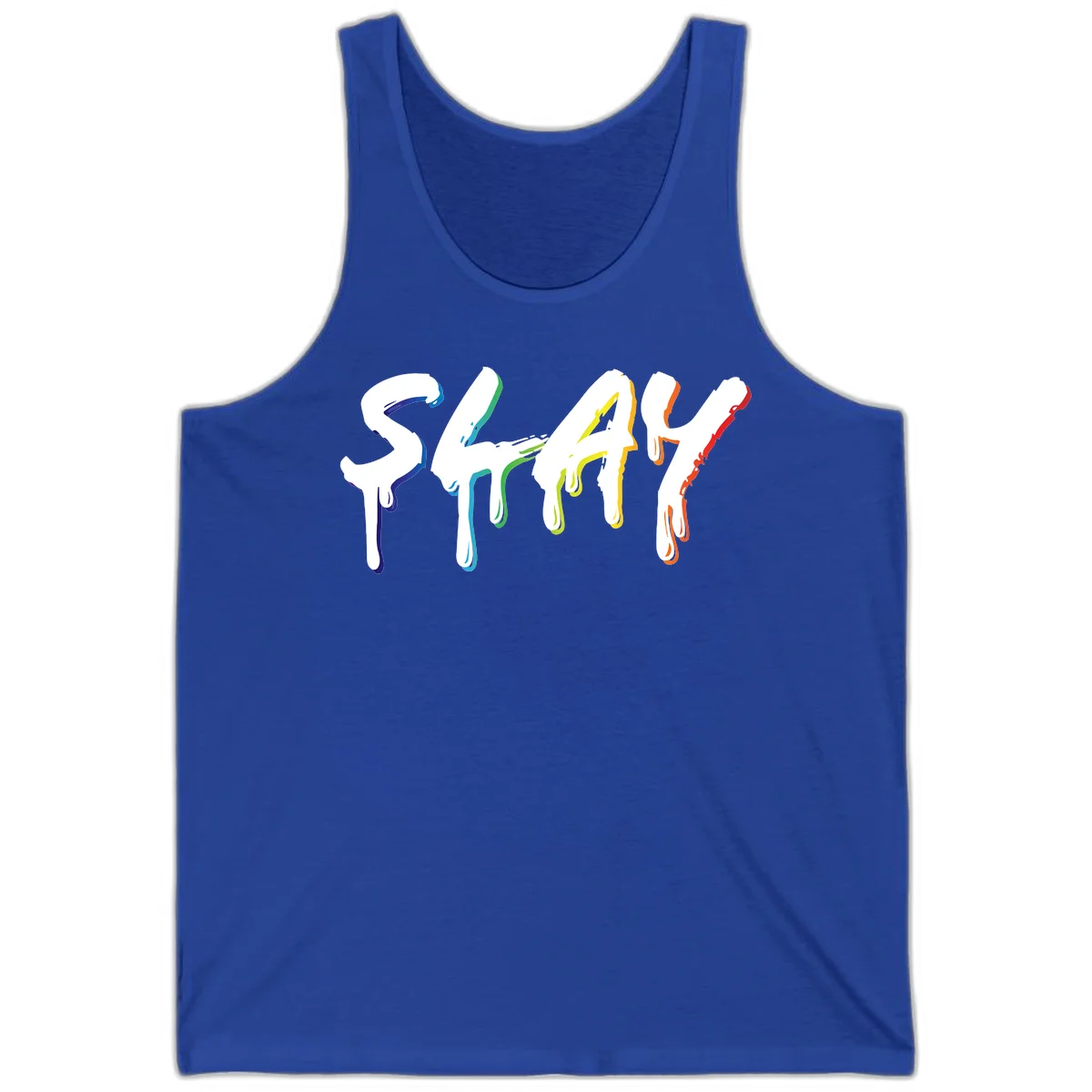 The word STAY in white letters with rainbow pride-colored paint drips flowing downward, featuring blue, teal, green, yellow, orange, and red colors on gray background in True Royal