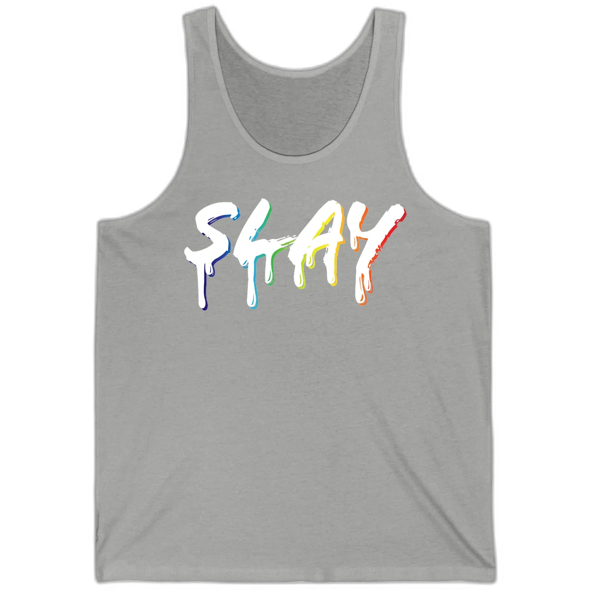 The word STAY in white letters with rainbow pride-colored paint drips flowing downward, featuring blue, teal, green, yellow, orange, and red colors on gray background in Athletic Heather