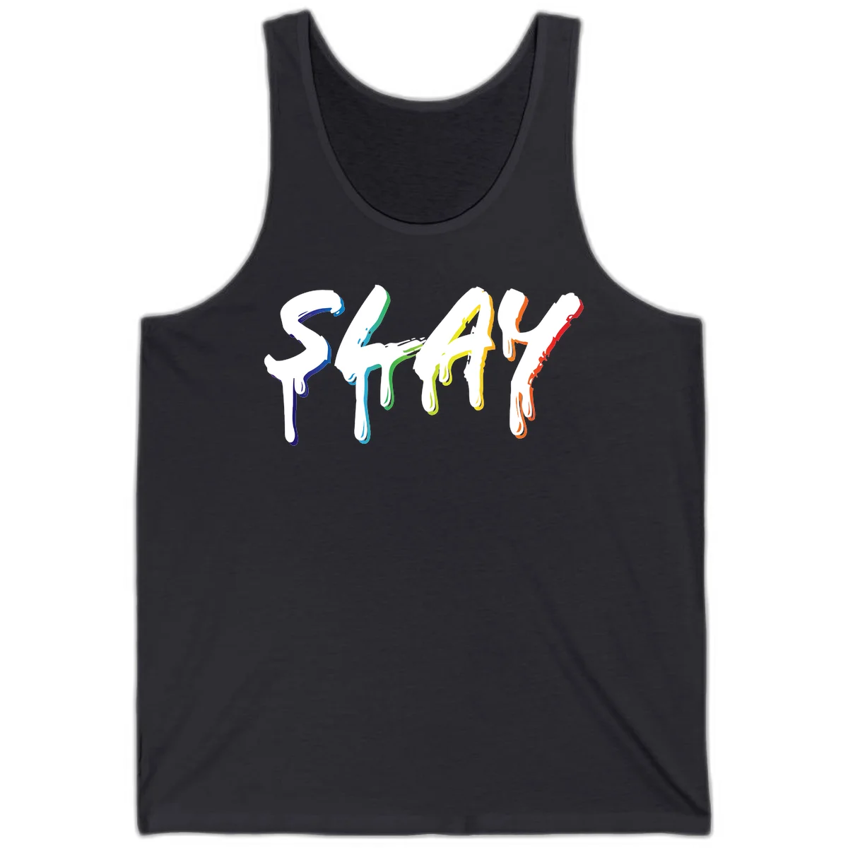 The word STAY in white letters with rainbow pride-colored paint drips flowing downward, featuring blue, teal, green, yellow, orange, and red colors on gray background in Dark Grey