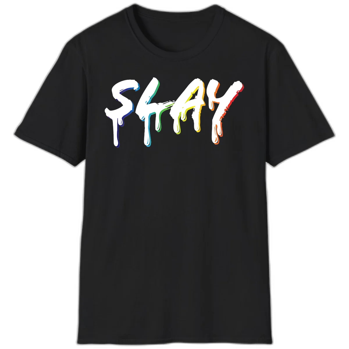 The word STAY in white letters with rainbow pride-colored paint drips flowing downward, featuring blue, teal, green, yellow, orange, and red colors on gray background in Black
