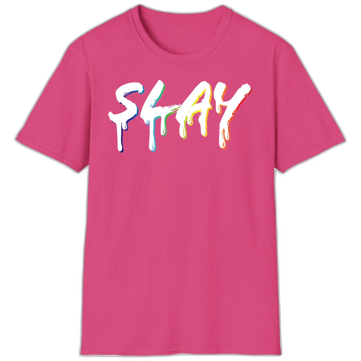 The word STAY in white letters with rainbow pride-colored paint drips flowing downward, featuring blue, teal, green, yellow, orange, and red colors on gray background in Heliconia