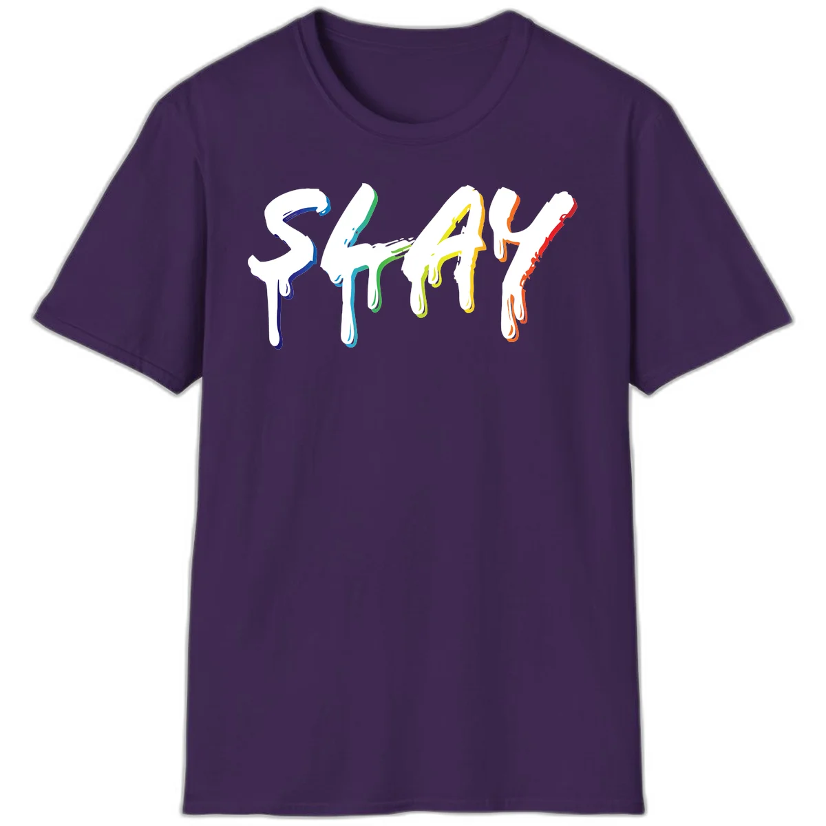 The word STAY in white letters with rainbow pride-colored paint drips flowing downward, featuring blue, teal, green, yellow, orange, and red colors on gray background in Purple