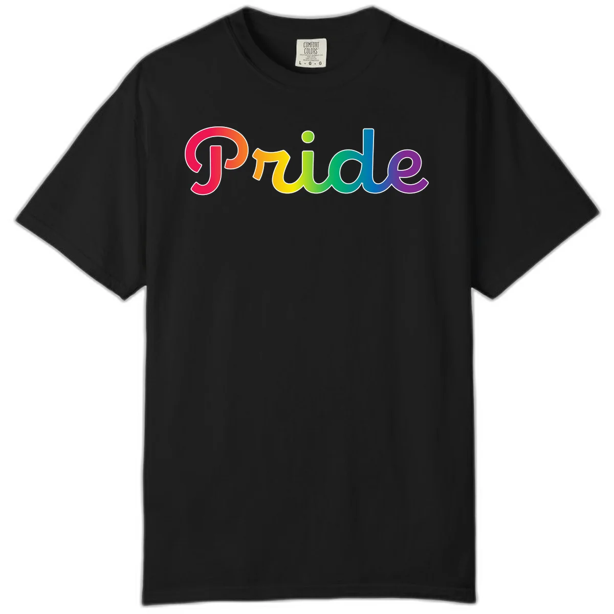 The word 'Pride' in large bold letters with rainbow gradient fill transitioning from red to purple, featuring white outlines on gray background in Black