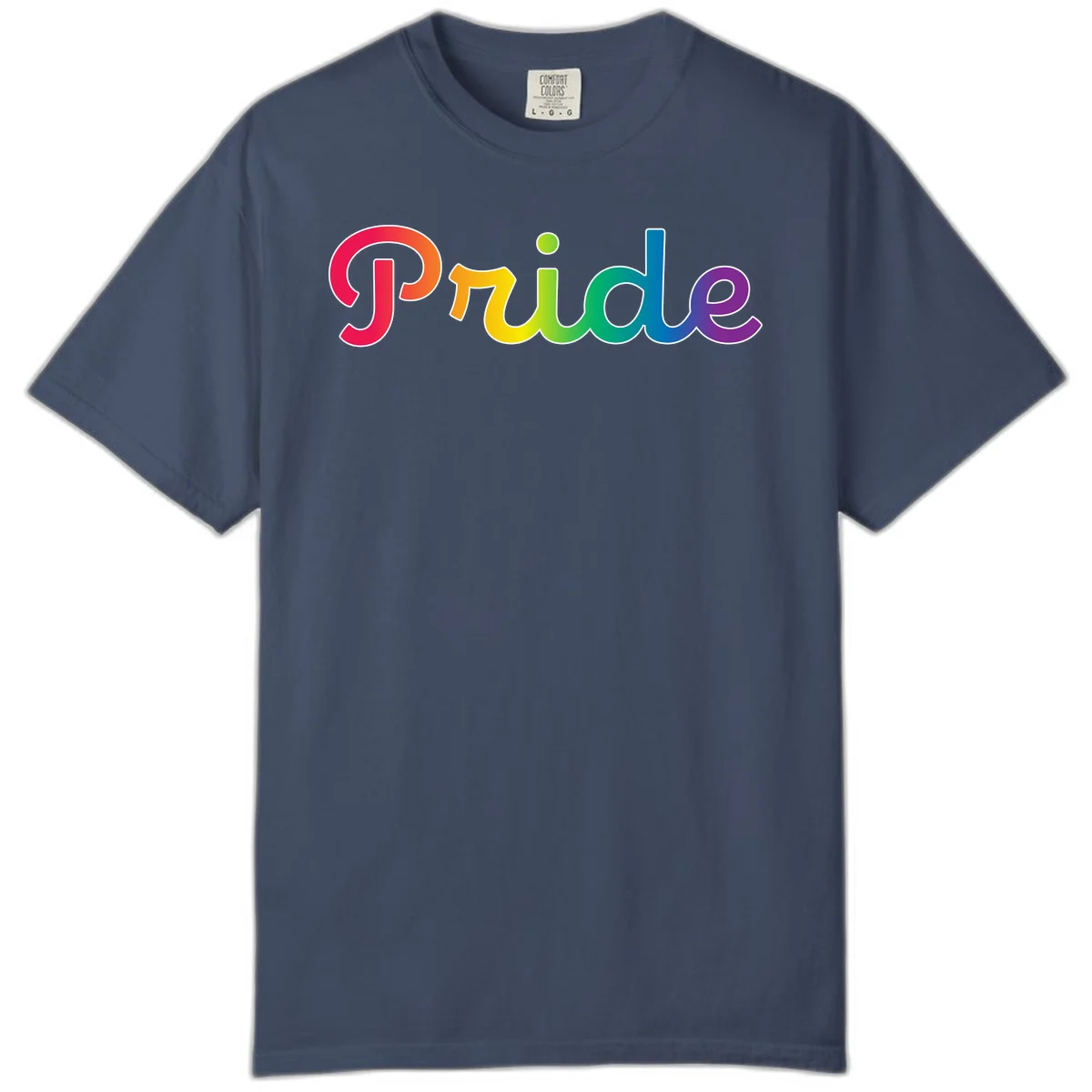 The word 'Pride' in large bold letters with rainbow gradient fill transitioning from red to purple, featuring white outlines on gray background in Midnight