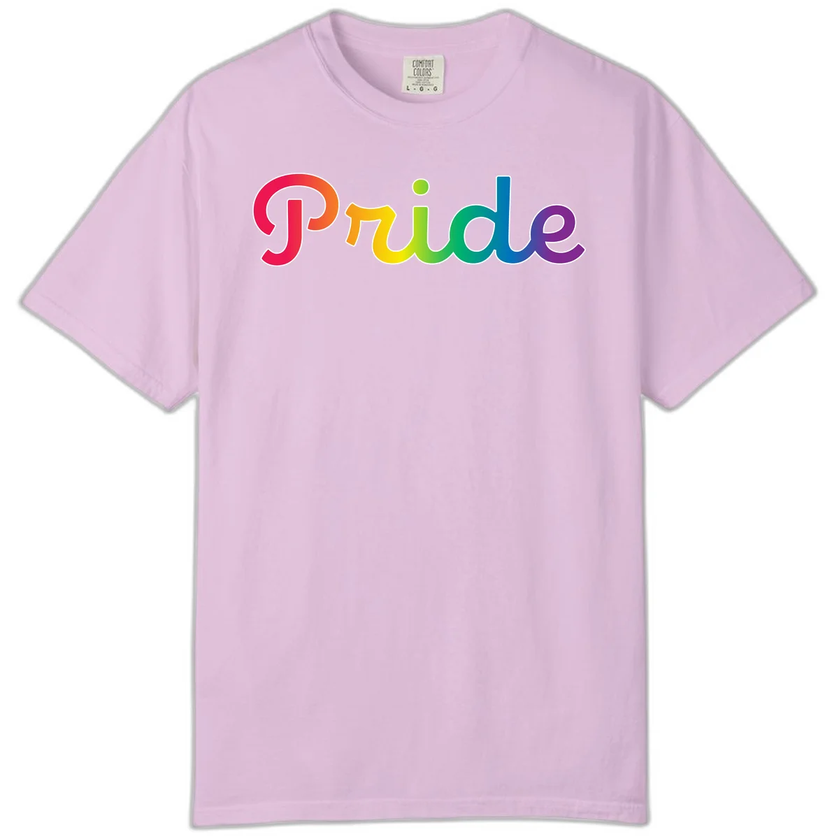 The word 'Pride' in large bold letters with rainbow gradient fill transitioning from red to purple, featuring white outlines on gray background in Orchid